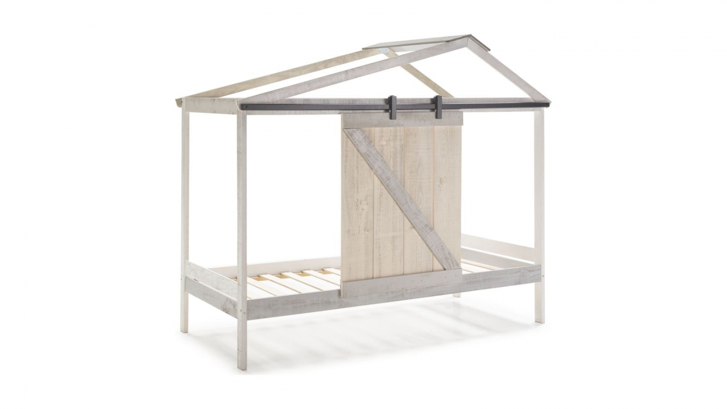 Lit cabane enfant rustique 90x190 cm en bois blanchi / gris - Emile