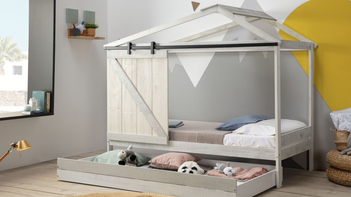 Tiroir pour lit cabane 90x190 cm en bois blanchi / gris - Emile