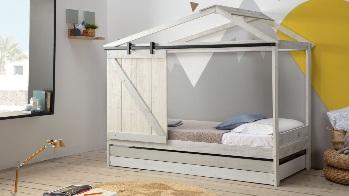 Tiroir pour lit cabane 90x190 cm en bois blanchi / gris - Emile