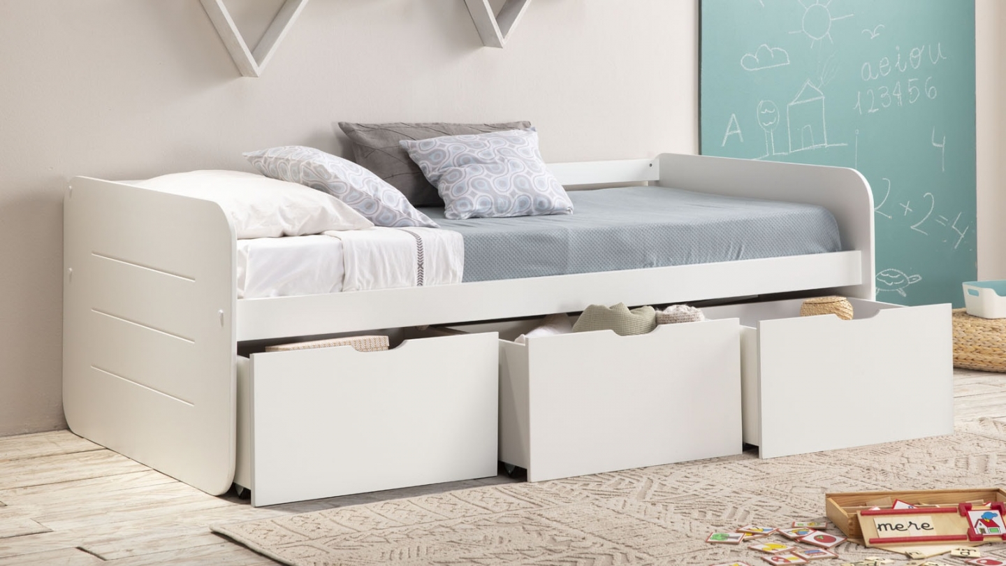 Lit banquette enfant 90x190 cm en bois blanc avec tiroirs de rangement - Lio