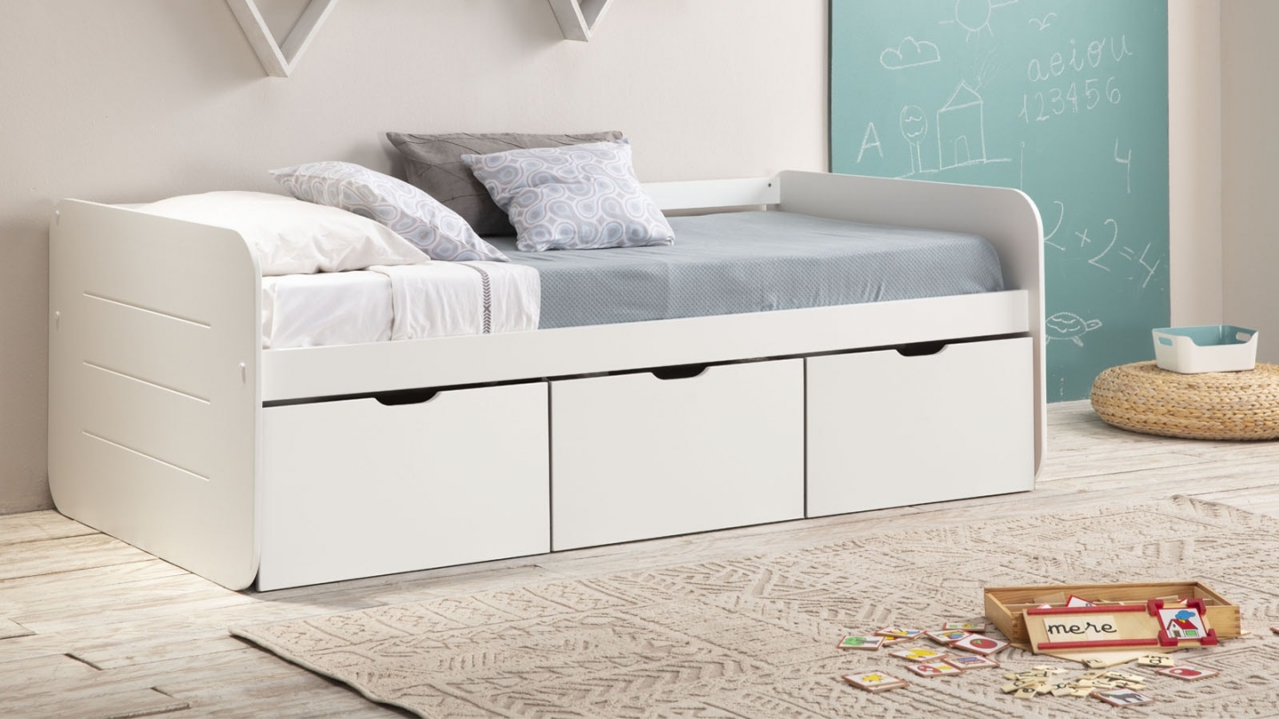 Lit banquette enfant 90x190 cm en bois blanc avec tiroirs de rangement - Lio