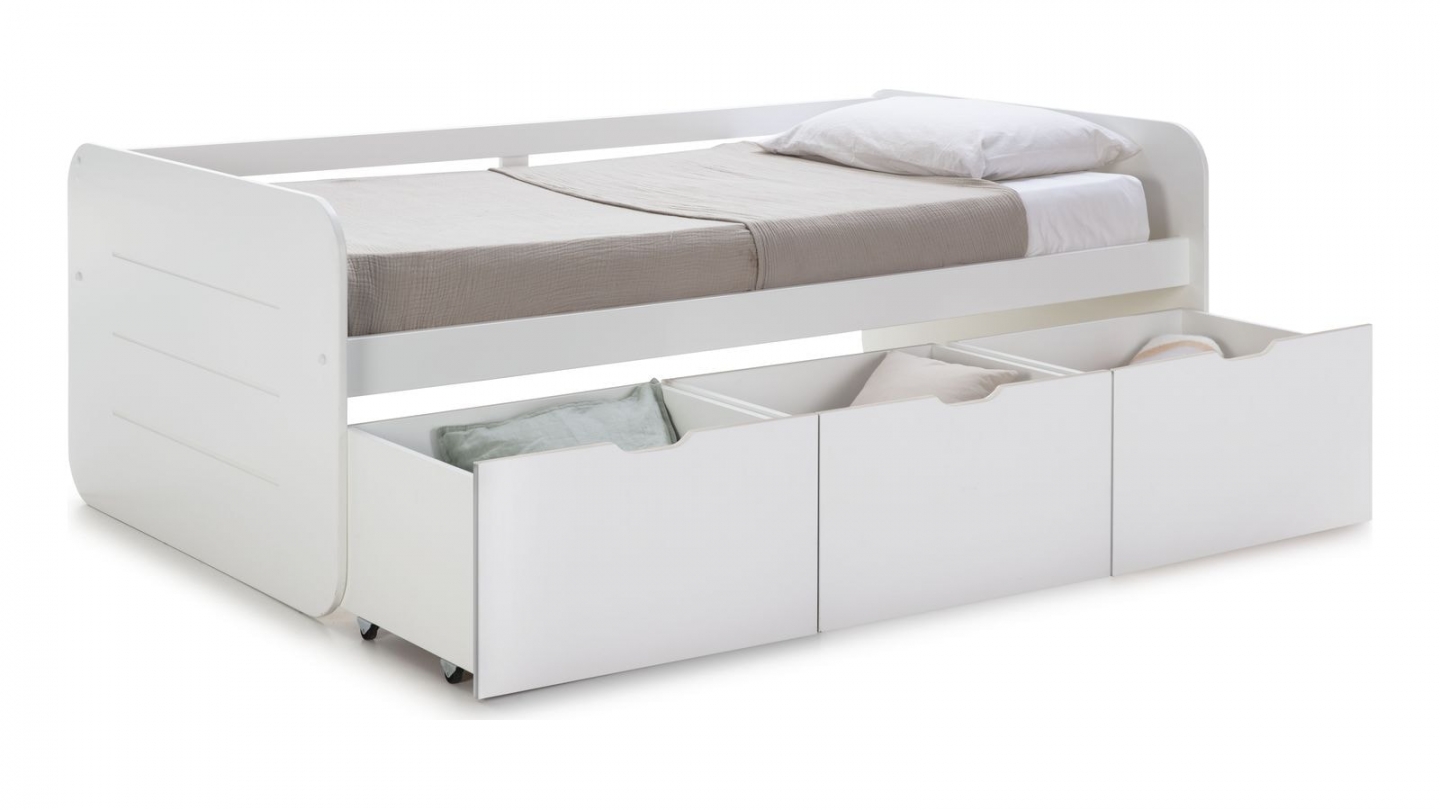 Lit banquette enfant 90x190 cm en bois blanc avec tiroirs de rangement - Lio