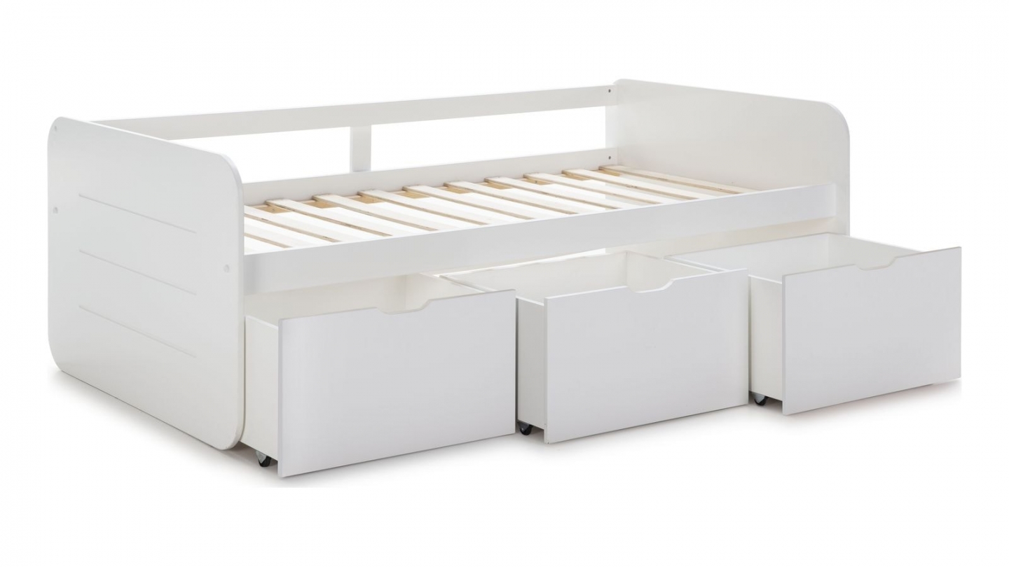 Lit banquette enfant 90x190 cm en bois blanc avec tiroirs de rangement - Lio