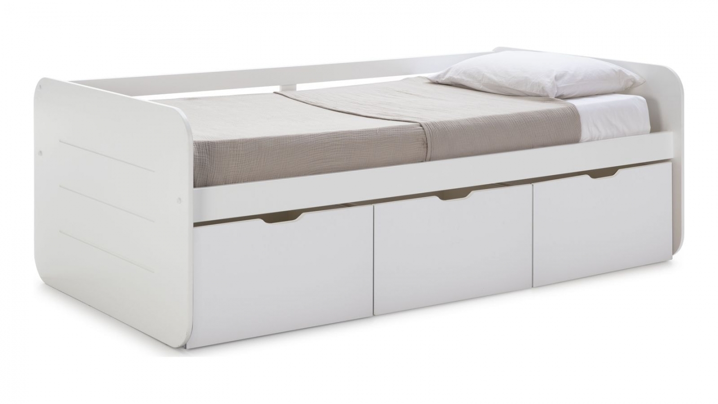 Lit banquette enfant 90x190 cm en bois blanc avec tiroirs de rangement - Lio