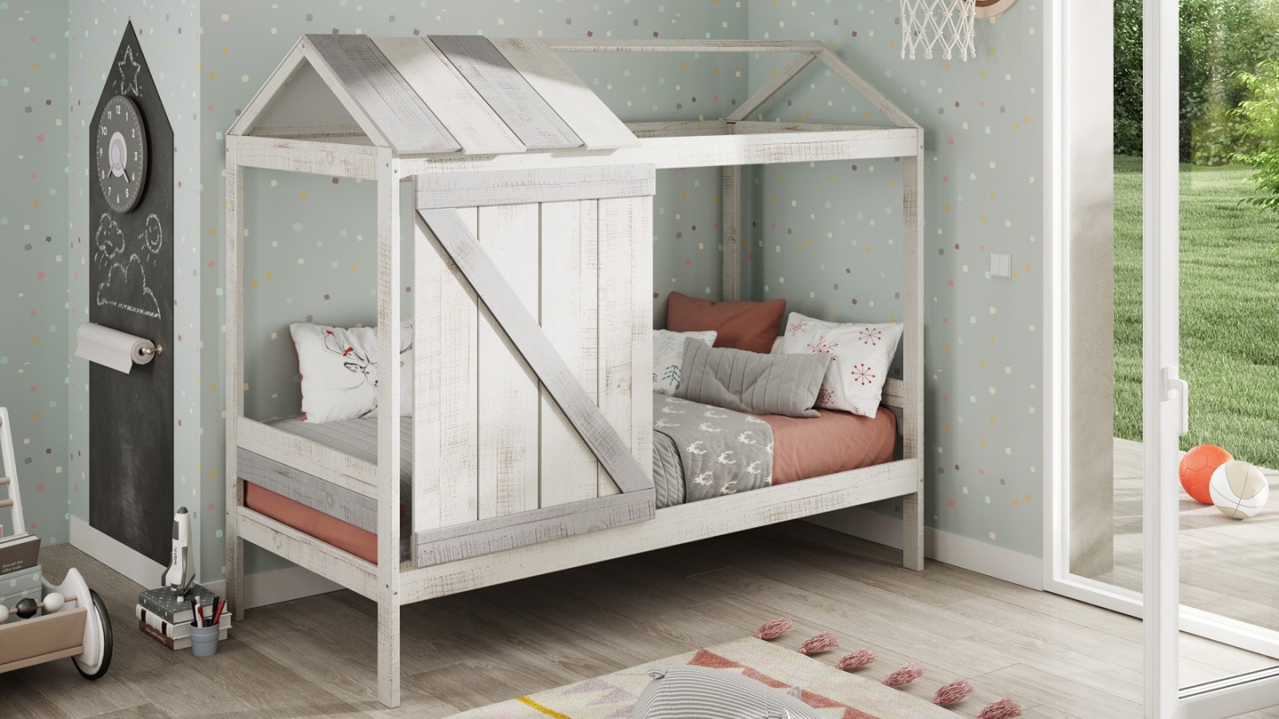 Lit cabane enfant rustique 90x190 cm en bois blanchi / gris - Emile