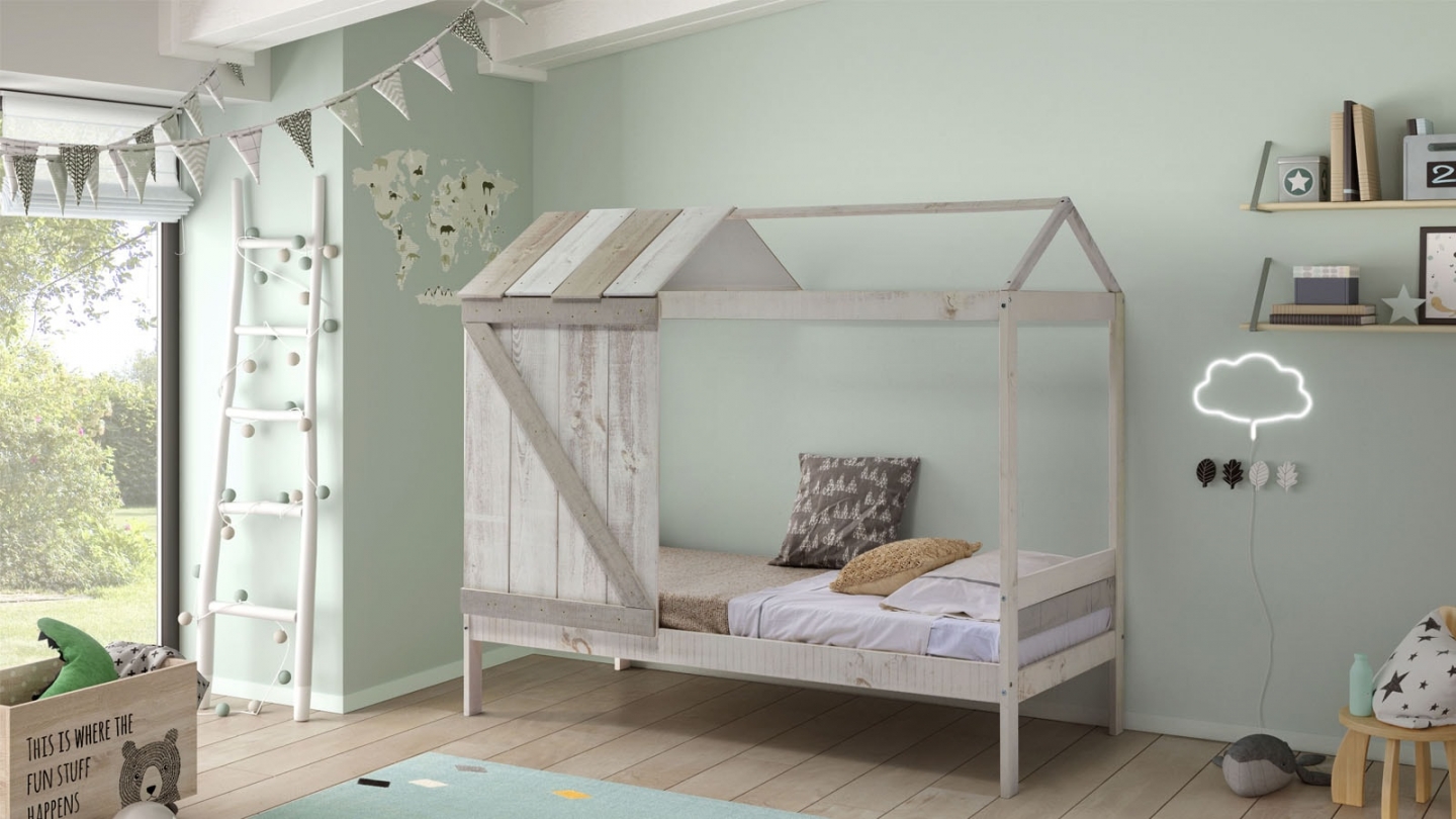 Lit cabane enfant rustique 90x190 cm en bois blanchi / gris - Emile