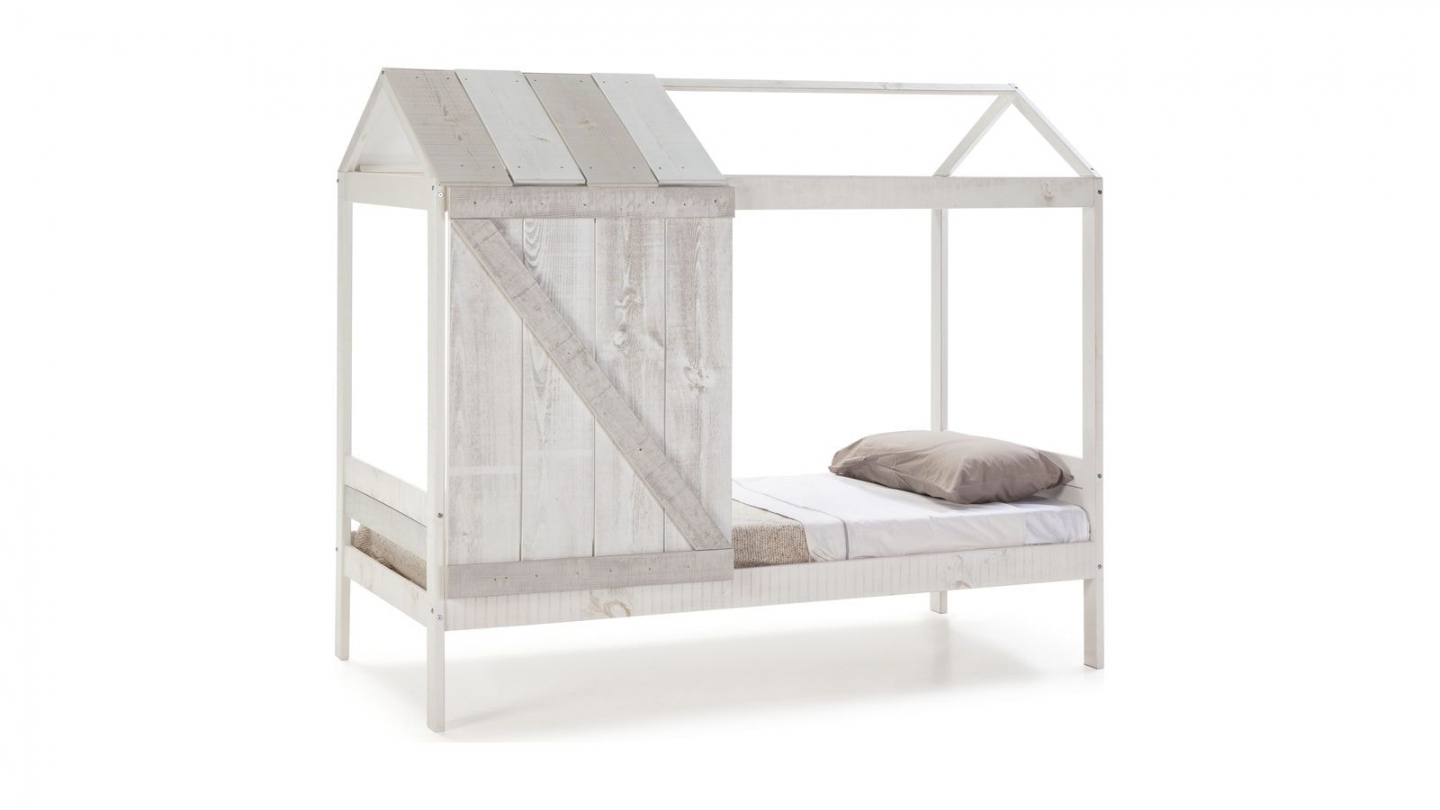 Lit cabane enfant rustique 90x190 cm en bois blanchi / gris - Emile