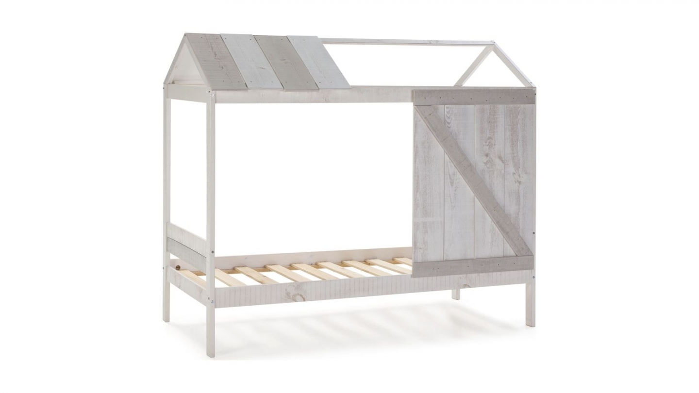 Lit cabane enfant rustique 90x190 cm en bois blanchi / gris - Emile