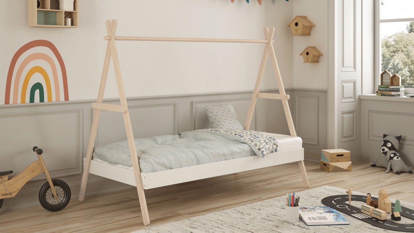 Lit tipi enfant ajustable 90x190 cm en bois clair / blanc - Annie