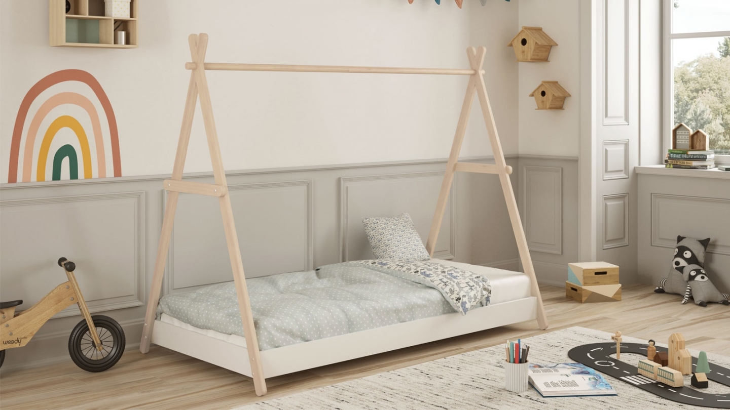 Lit tipi enfant ajustable 90x190 cm en bois clair / blanc - Annie