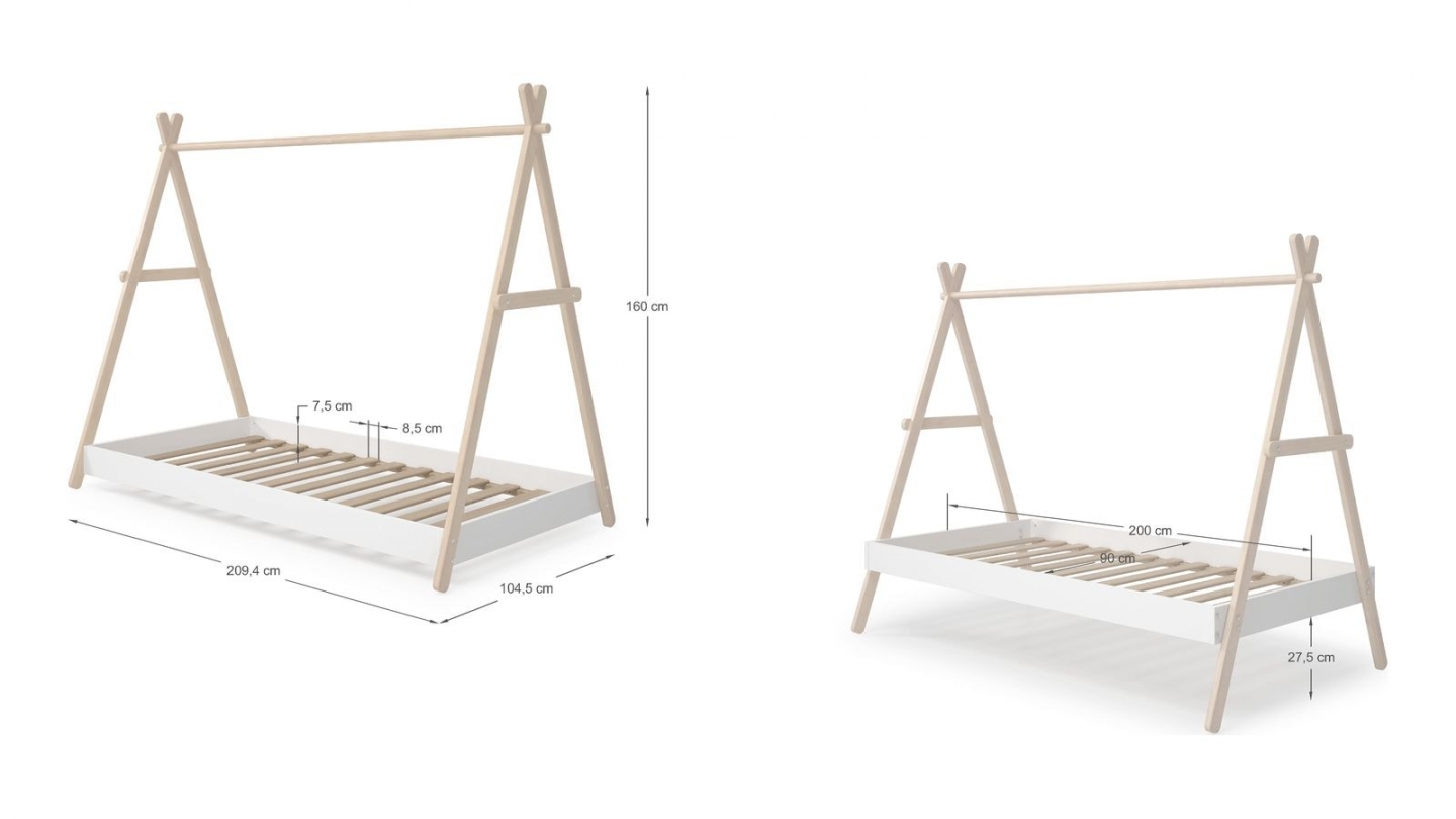 Lit tipi enfant ajustable 90x190 cm en bois clair / blanc - Annie