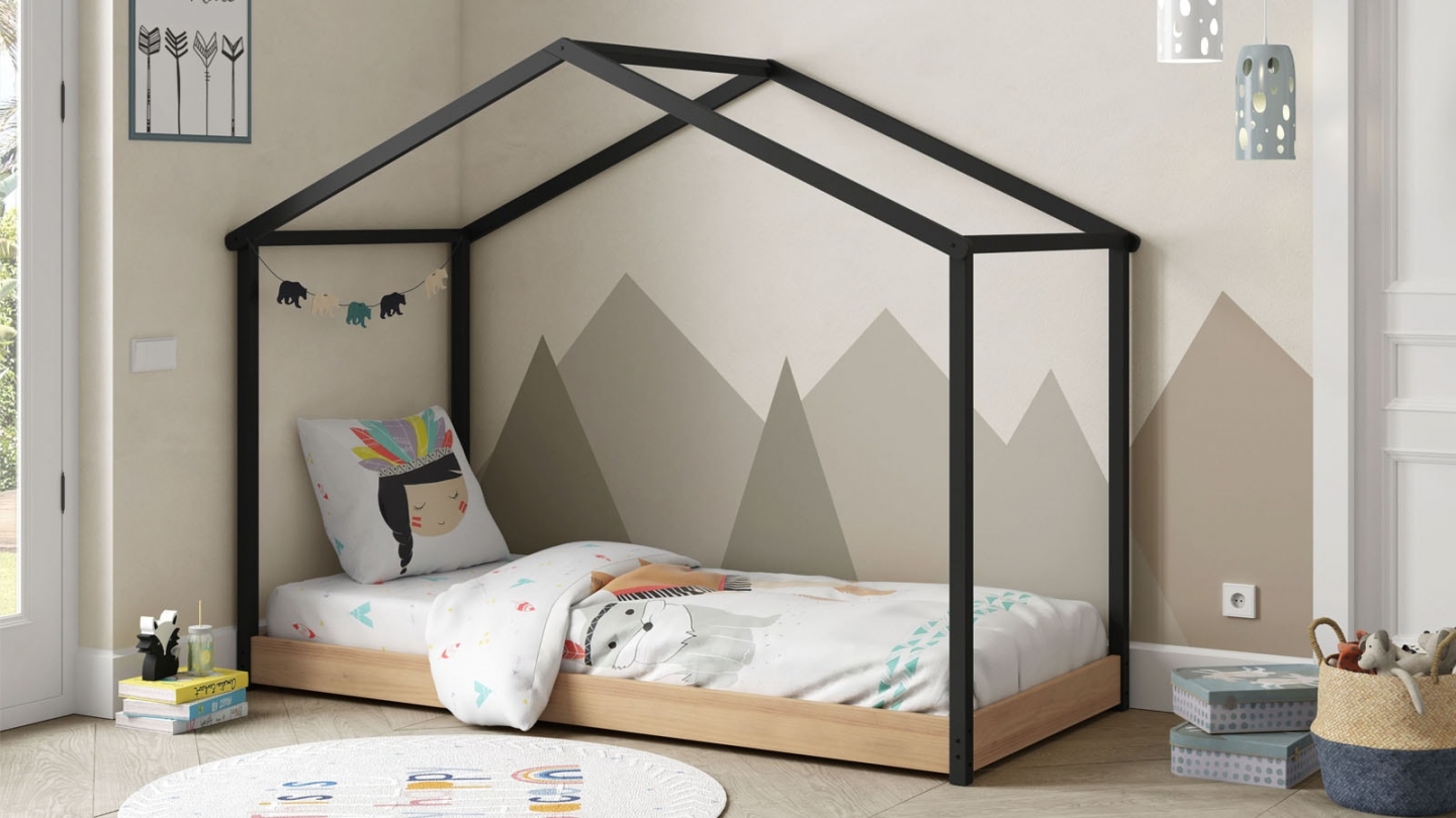 Lit cabane enfant 90x190 cm en bois clair / gris anthracite - Valentine