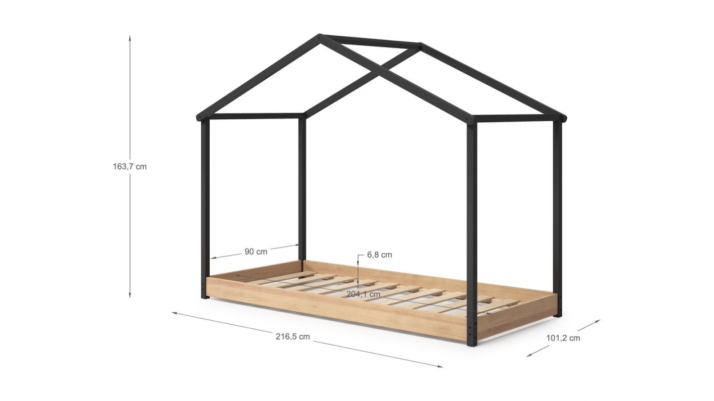 Lit cabane enfant 90x190 cm en bois clair / gris anthracite - Valentine