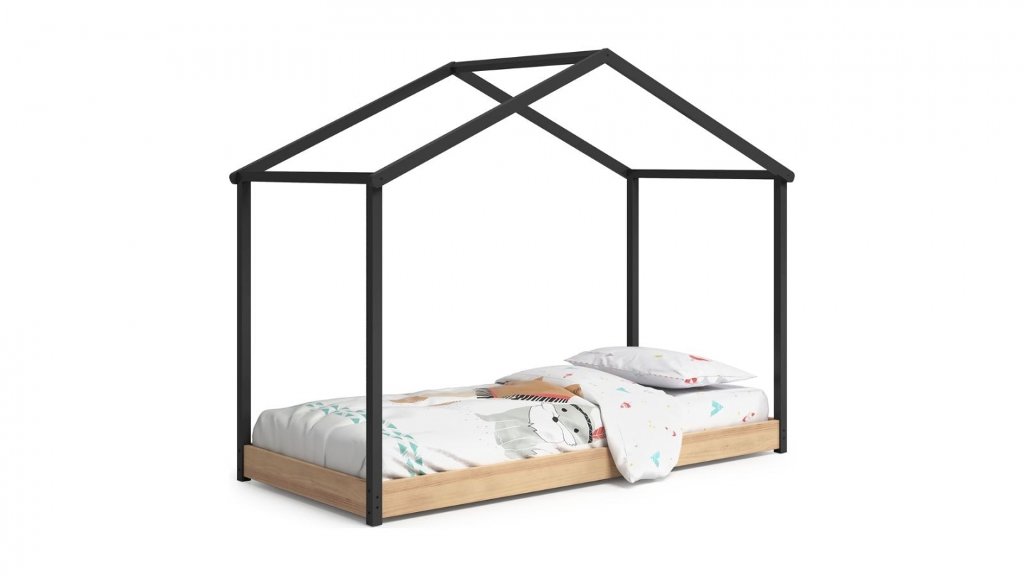 Lit cabane enfant 90x190 cm en bois clair / gris anthracite - Valentine