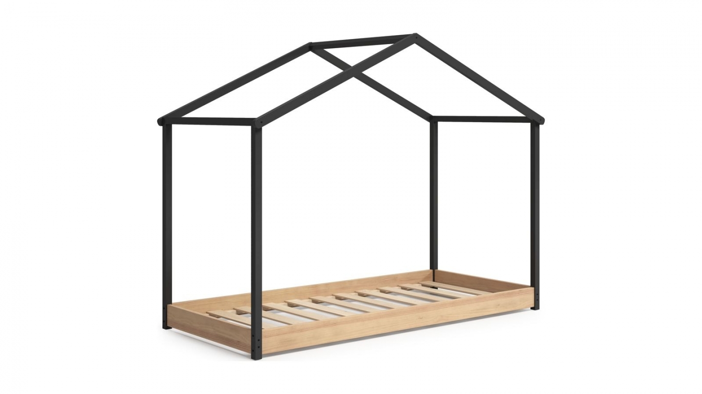 Lit cabane enfant 90x190 cm en bois clair / gris anthracite - Valentine