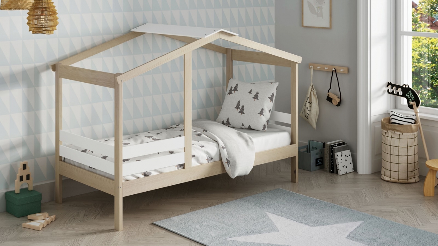 Lit cabane enfant 90x190 cm en bois clair / blanc - Violette