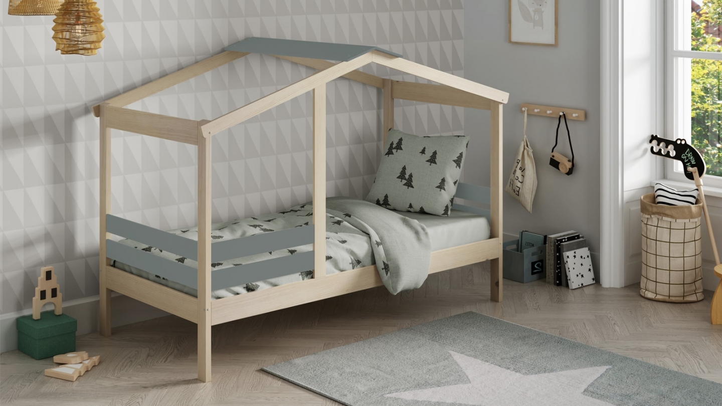 Lit cabane enfant 90x190 cm en bois clair / vert kaki - Violette