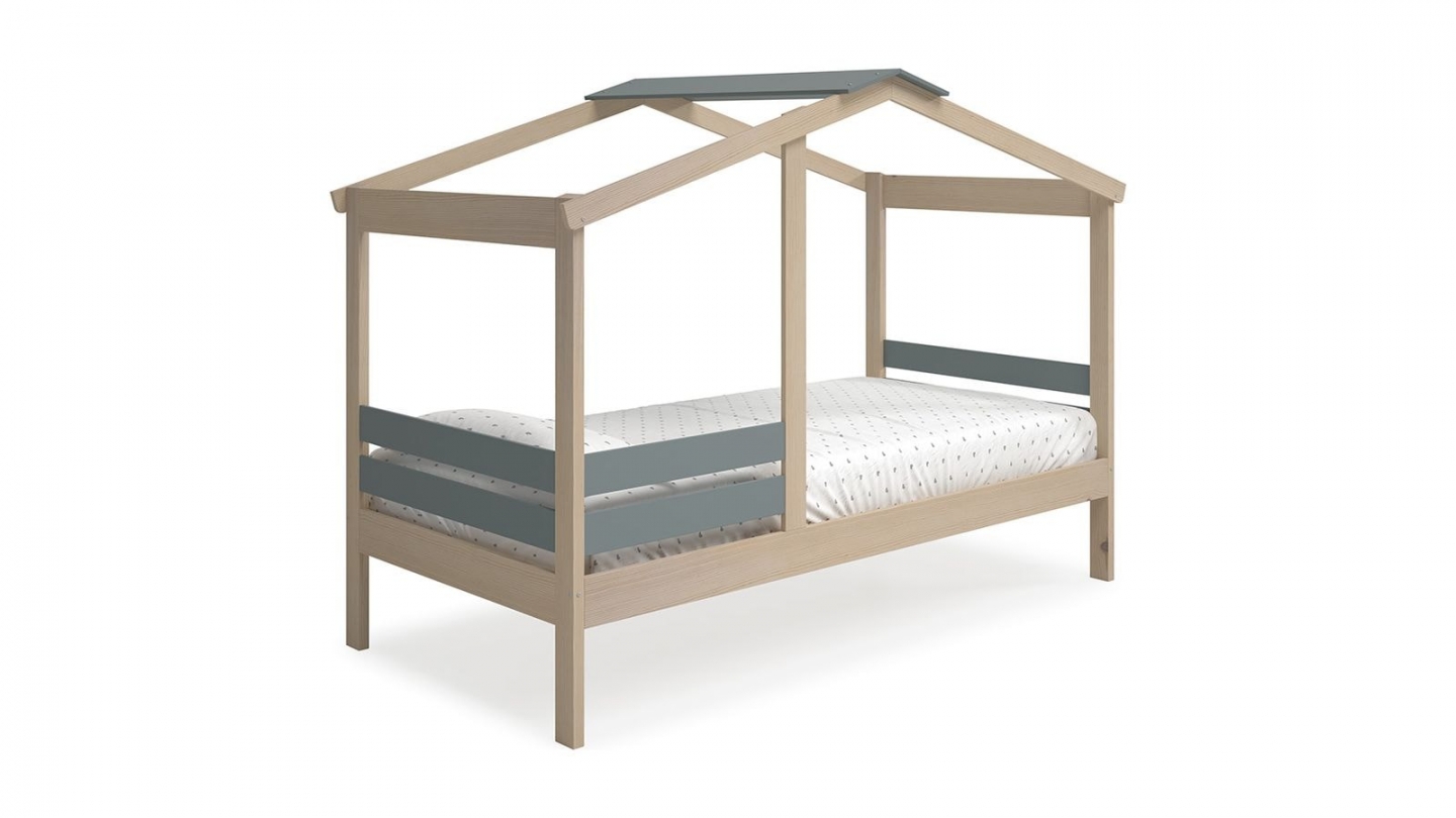 Lit cabane enfant 90x190 cm en bois clair / vert kaki - Violette