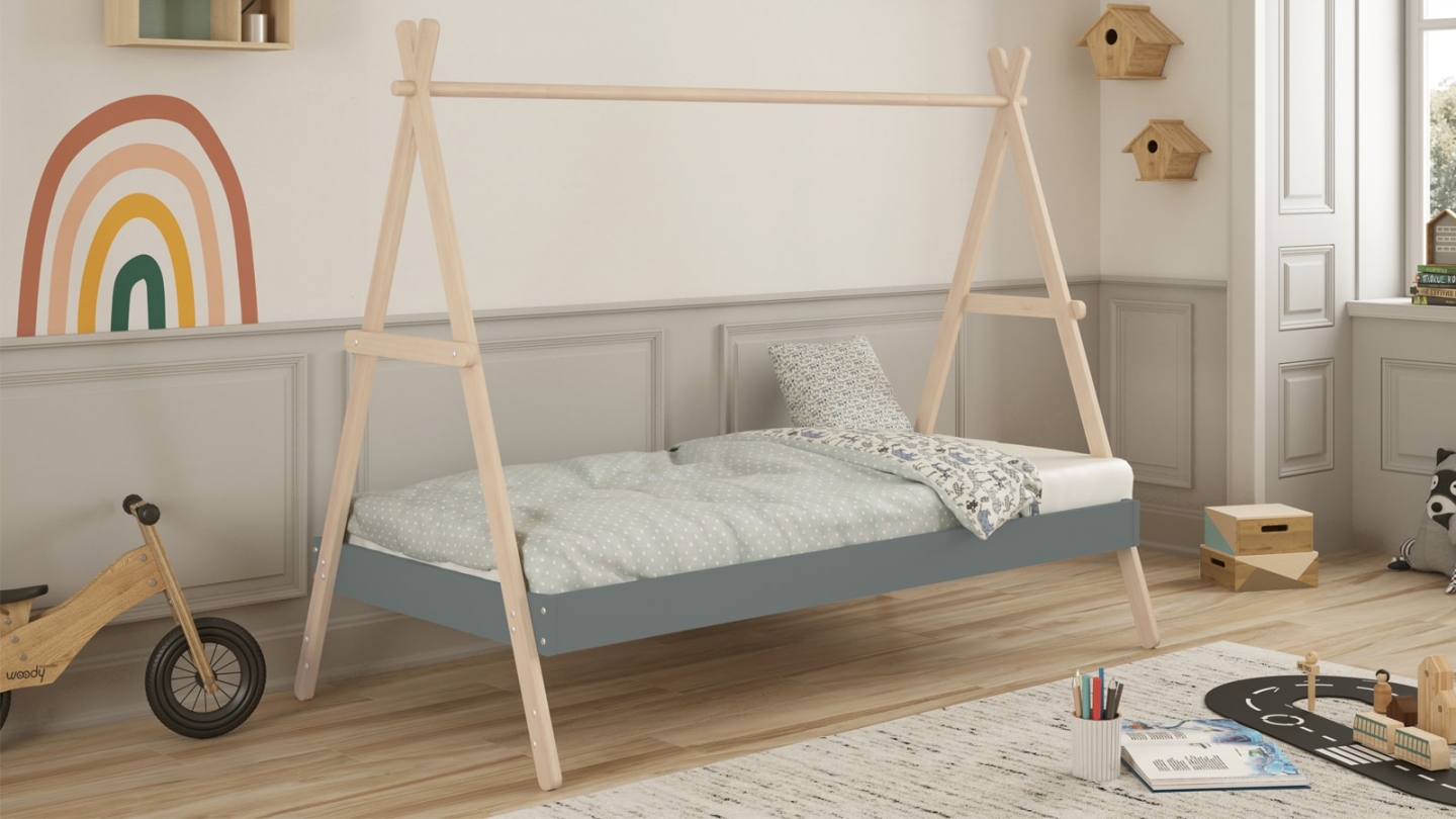 Lit tipi enfant ajustable 90x190 cm en bois clair / vert kaki - Annie