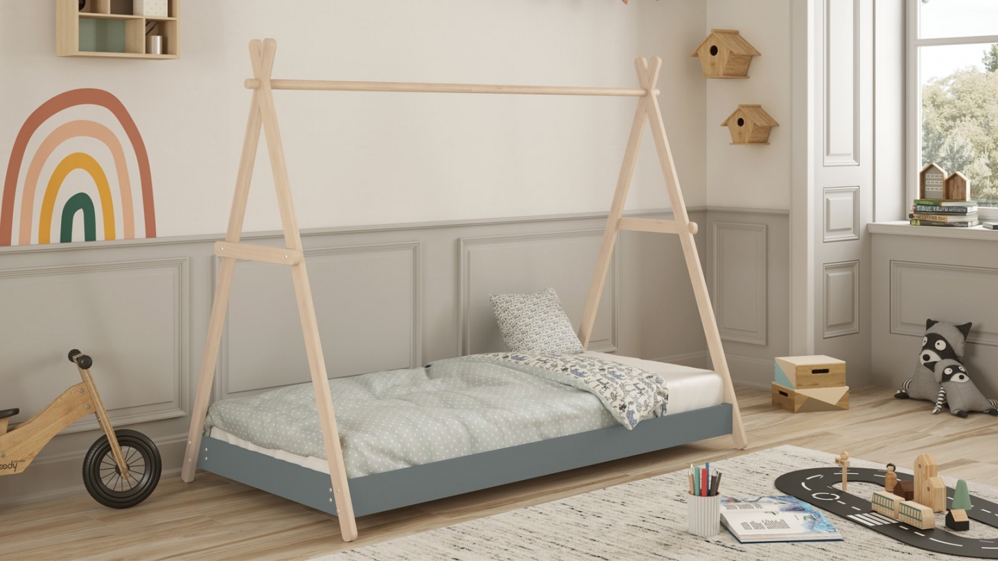 Lit tipi enfant ajustable 90x190 cm en bois clair / vert kaki - Annie