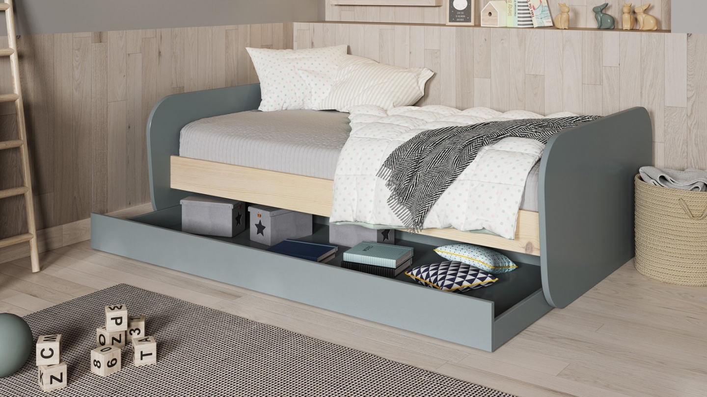 Lit gigogne enfant 90x190 cm à tiroir en bois vert kaki - Elise
