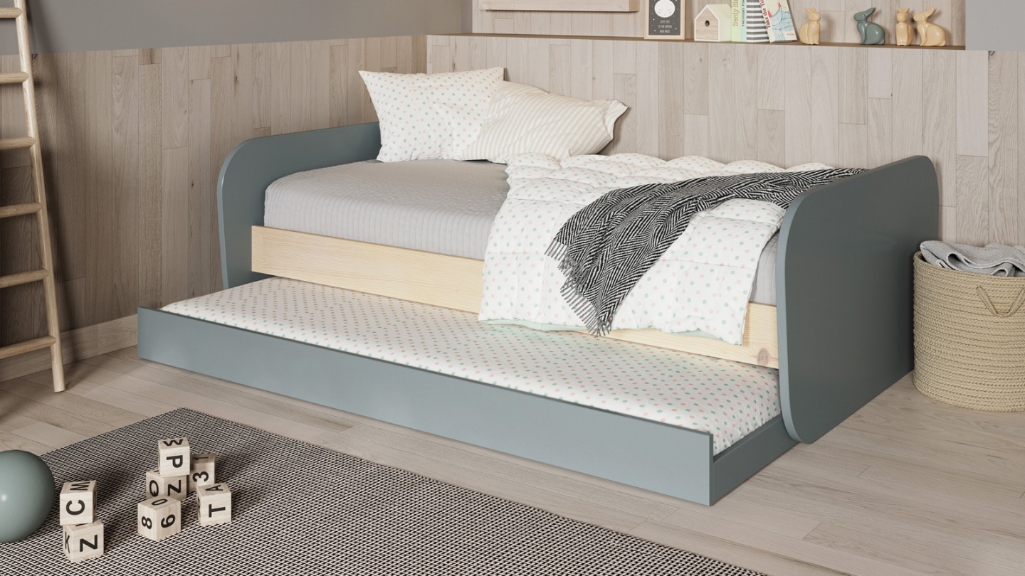 Lit gigogne enfant 90x190 cm à tiroir en bois vert kaki - Elise