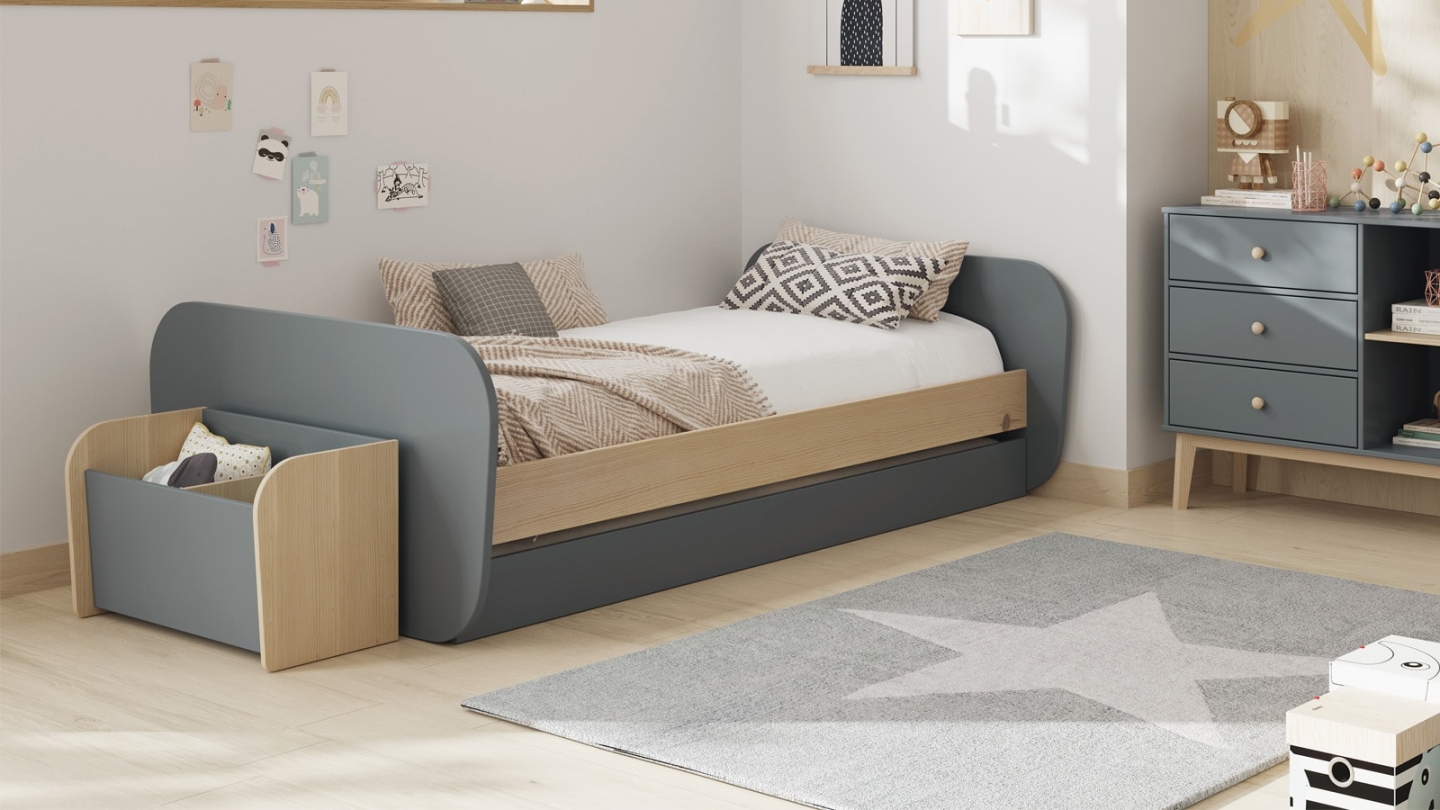 Lit gigogne enfant 90x190 cm à tiroir en bois vert kaki - Elise