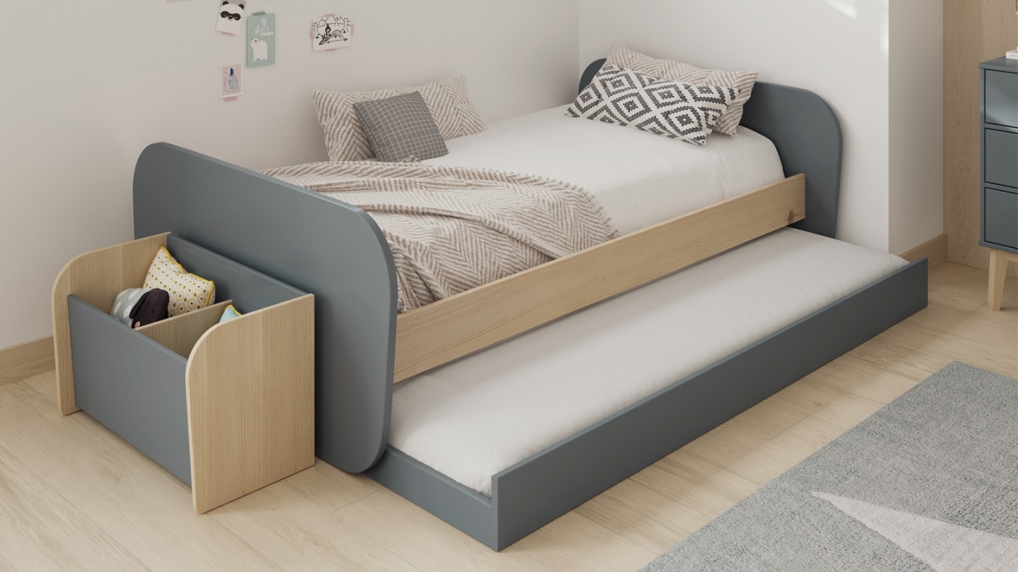 Lit gigogne enfant 90x190 cm à tiroir en bois vert kaki - Elise