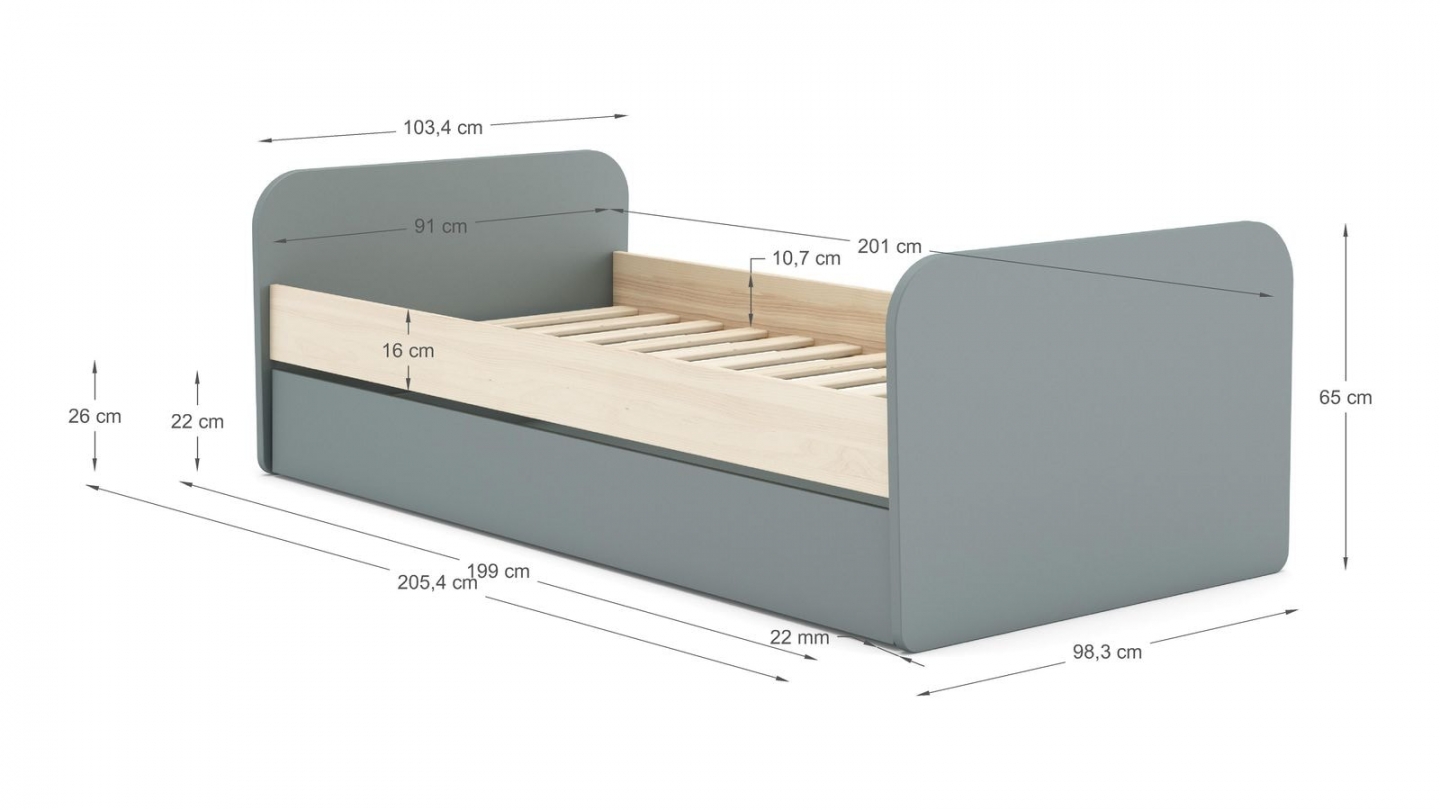 Lit gigogne enfant 90x190 cm à tiroir en bois vert kaki - Elise