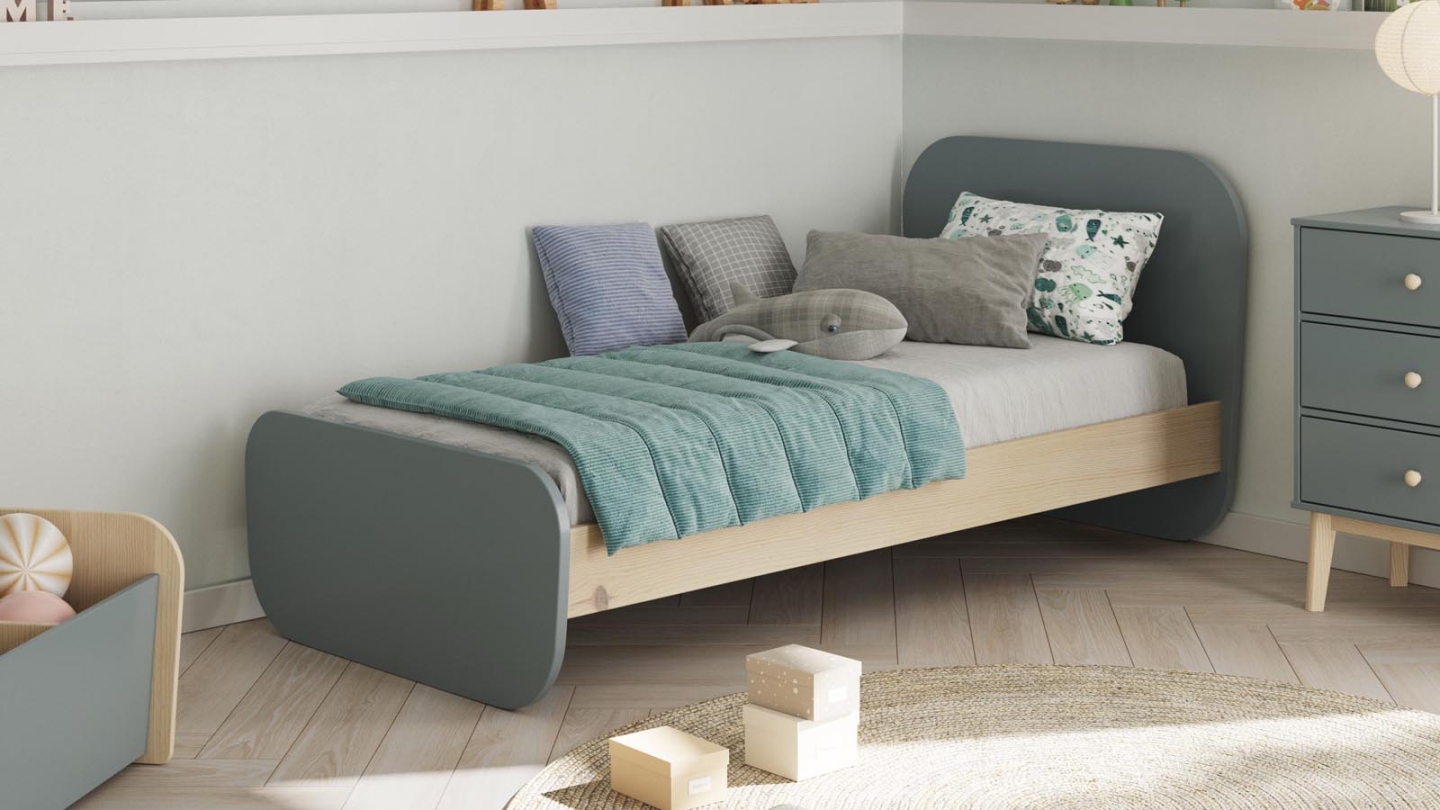 Lit enfant 90x190 cm avec tête de lit en bois vert kaki - Elise