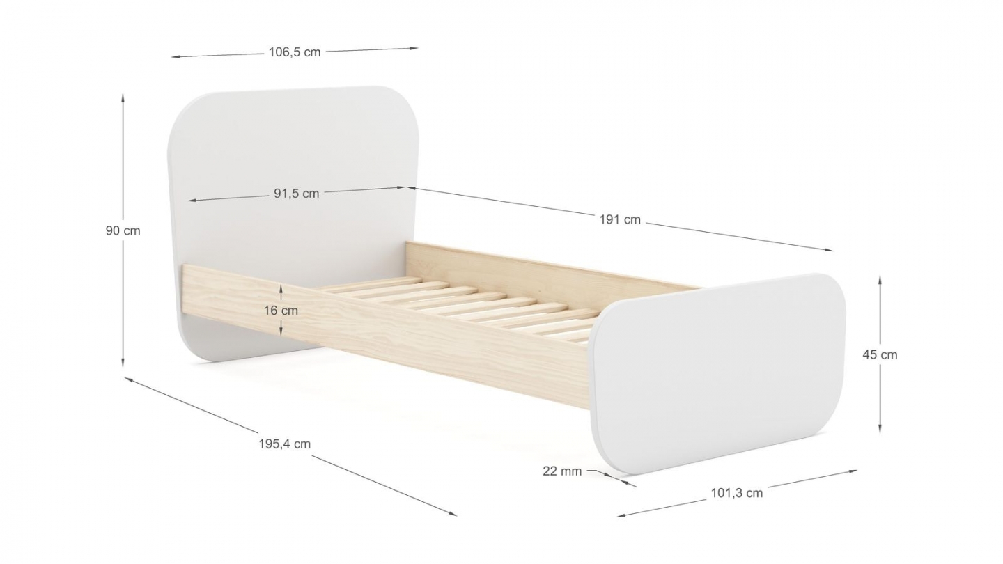 Lit enfant 90x190 cm avec tête de lit en bois blanc - Elise