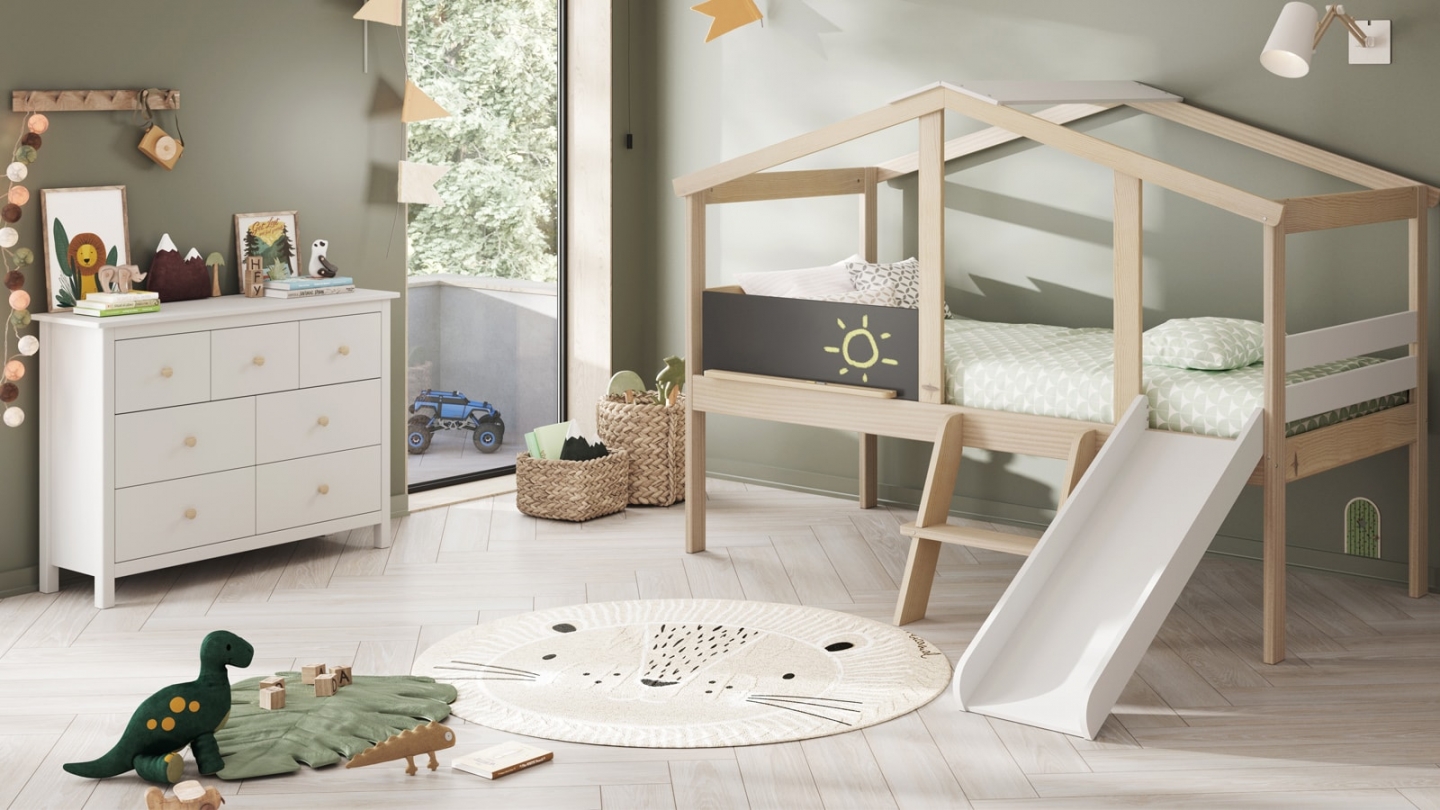 Lit cabane enfant avec toboggan 90x190 cm en bois clair / blanc - Jules