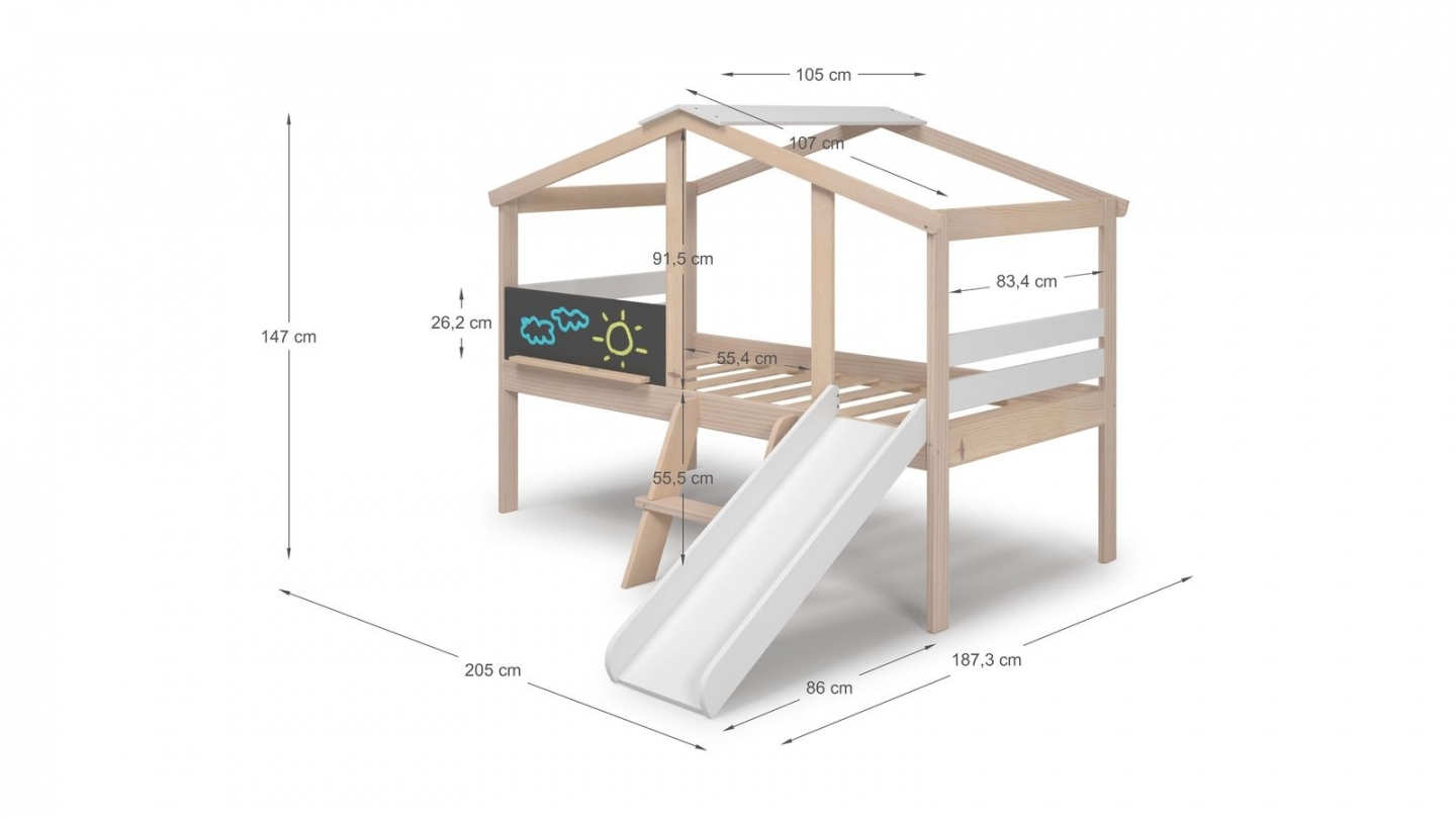 Lit cabane enfant avec toboggan 90x190 cm en bois clair / blanc - Jules