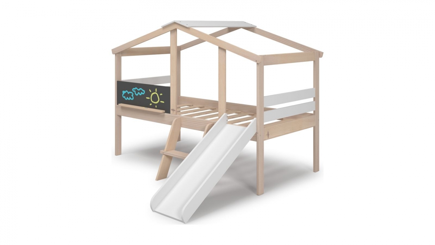 Lit cabane enfant avec toboggan 90x190 cm en bois clair / blanc - Jules