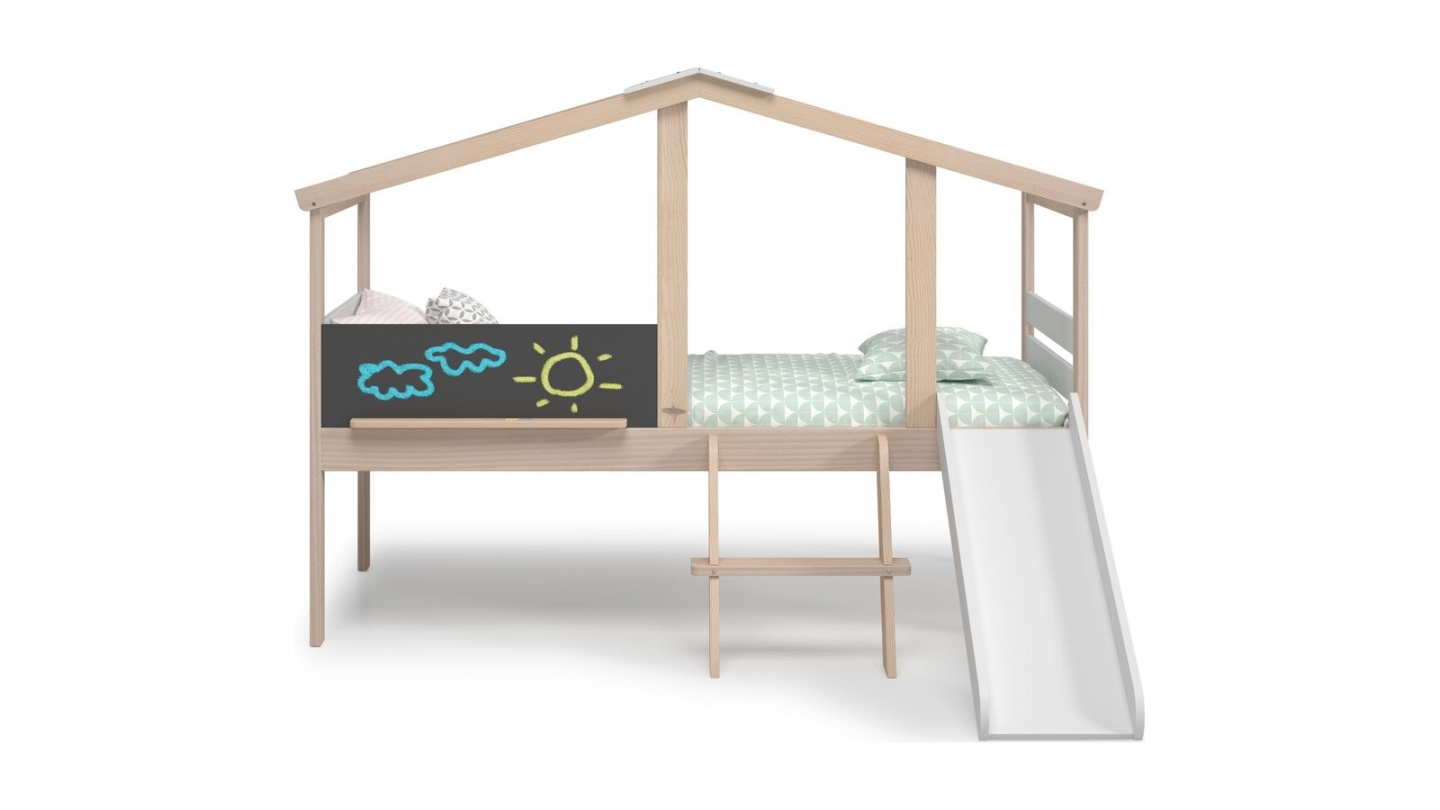 Lit cabane enfant avec toboggan 90x190 cm en bois clair / blanc - Jules