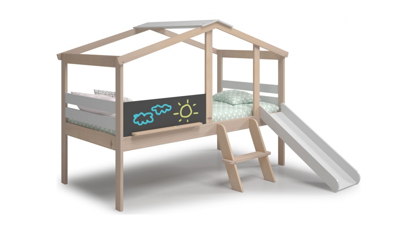 Lit cabane enfant avec toboggan 90x190 cm en bois clair / blanc - Jules