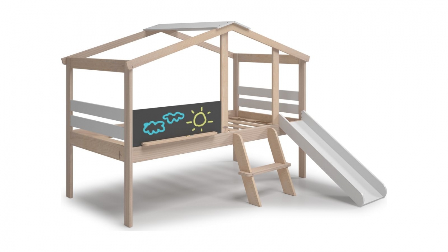 Lit cabane enfant avec toboggan 90x190 cm en bois clair / blanc - Jules