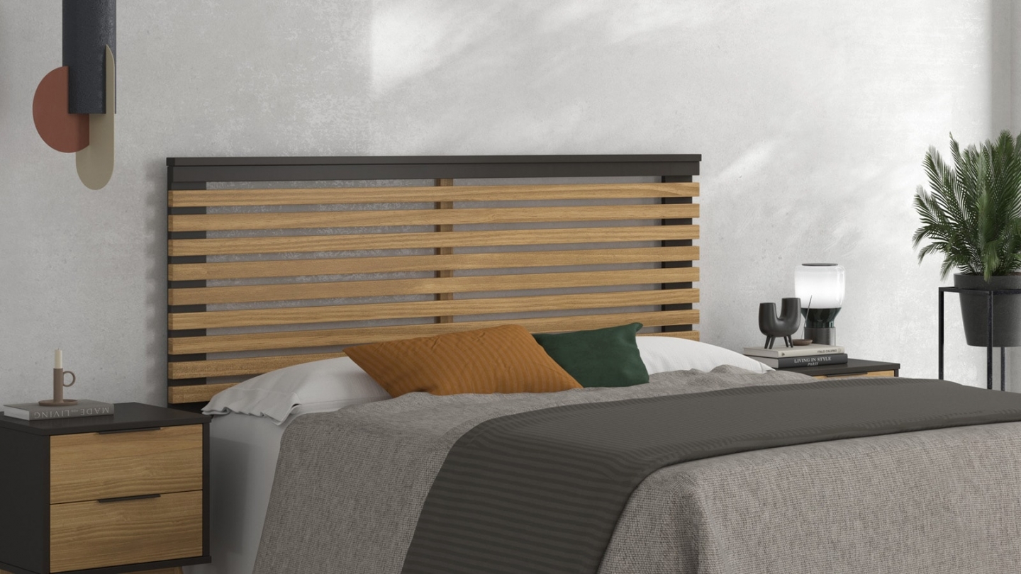 Tête de lit adulte en lattes de bois clair / bois foncé 160 cm - Timeo