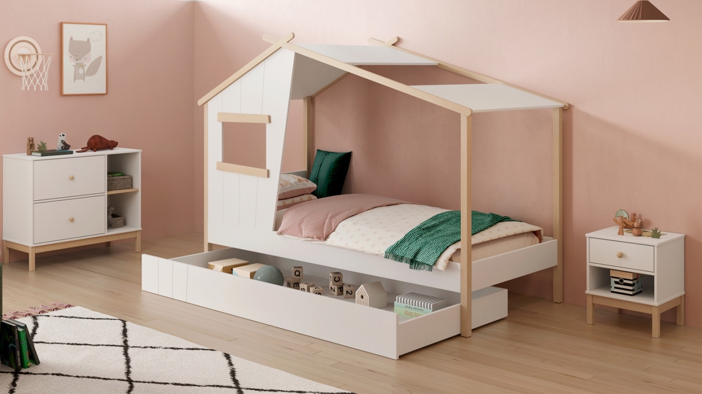 Lit cabane enfant 90x190 cm en bois blanc - Artus