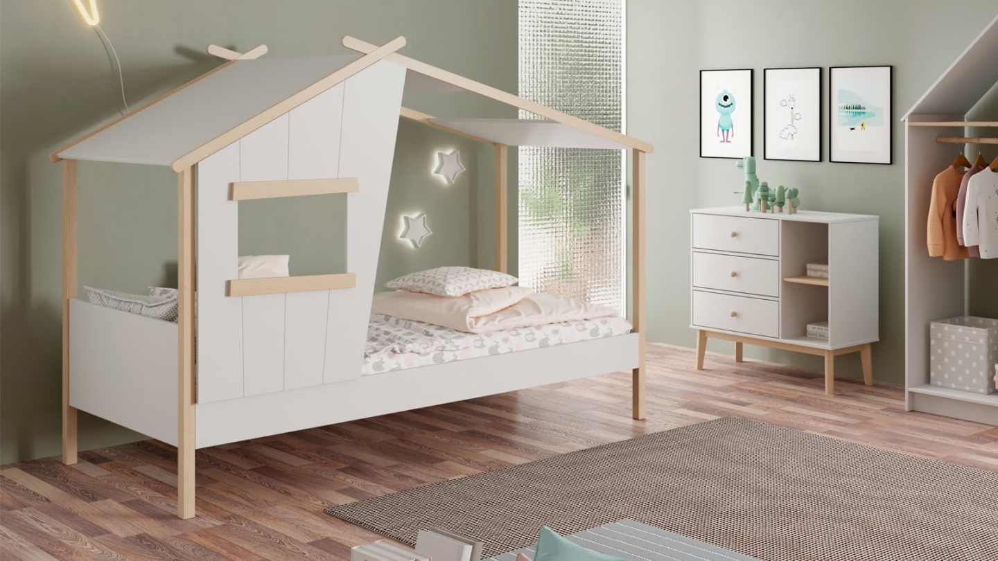 Lit cabane enfant 90x190 cm en bois blanc - Artus
