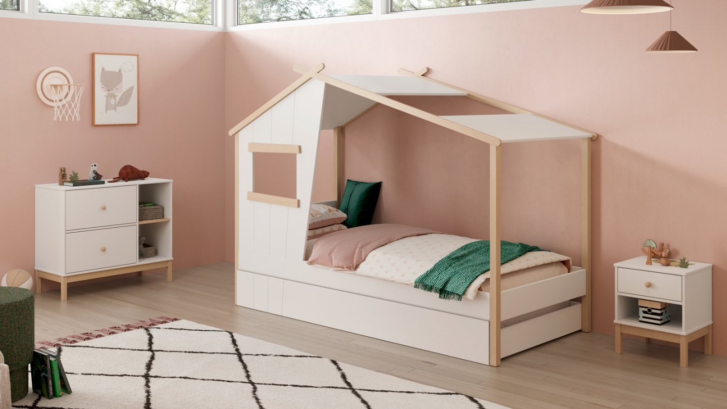 Lit cabane enfant 90x190 cm en bois blanc - Artus