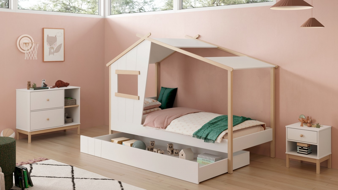 Lit cabane enfant 90x190 cm en bois blanc - Artus