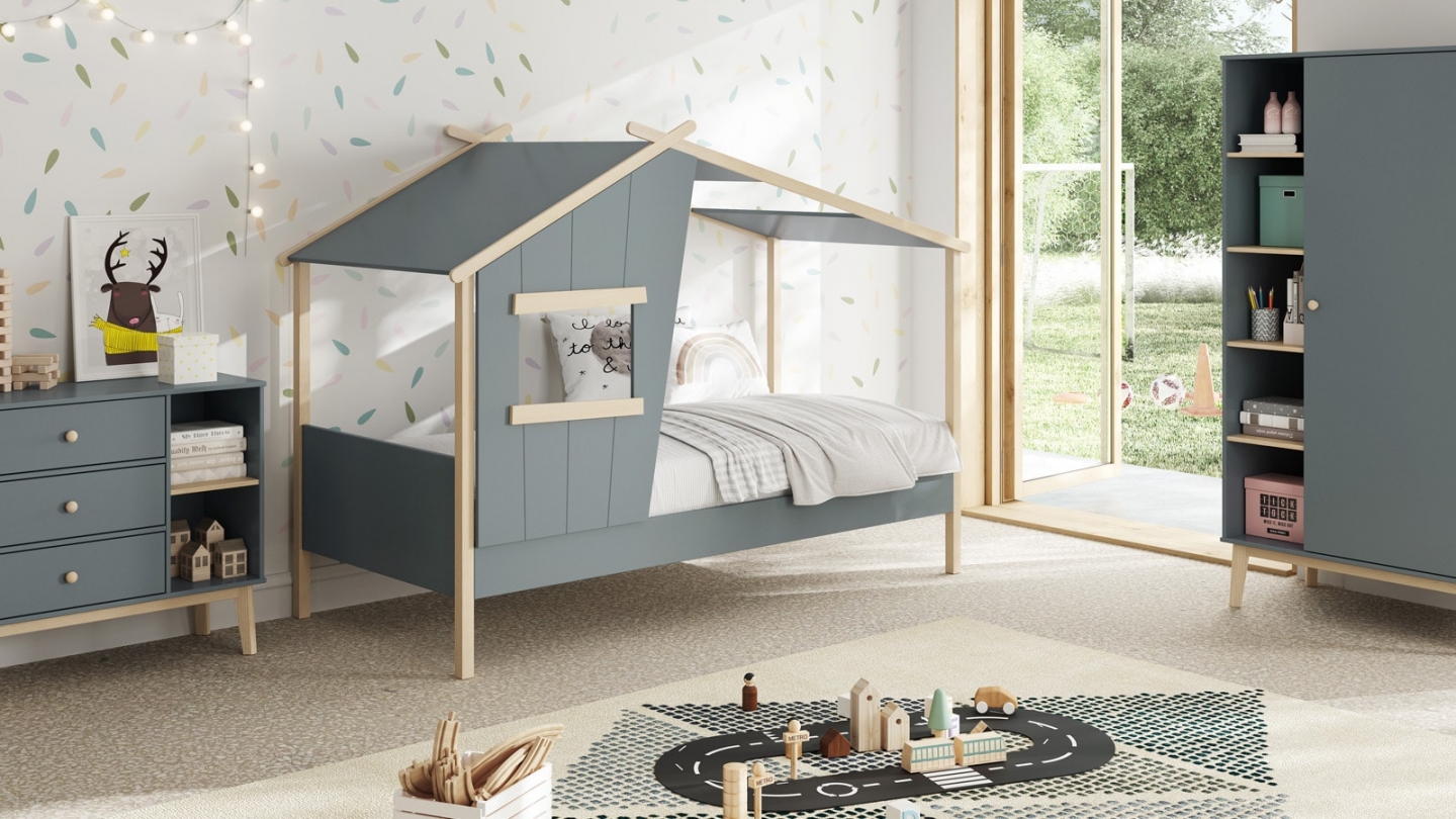 Lit cabane enfant 90x190 cm en bois vert kaki - Artus