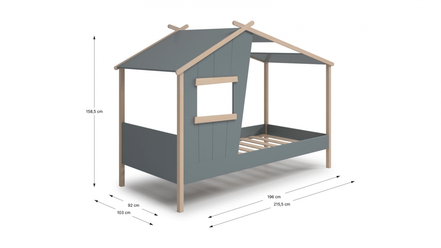 Lit cabane enfant 90x190 cm en bois vert kaki - Artus