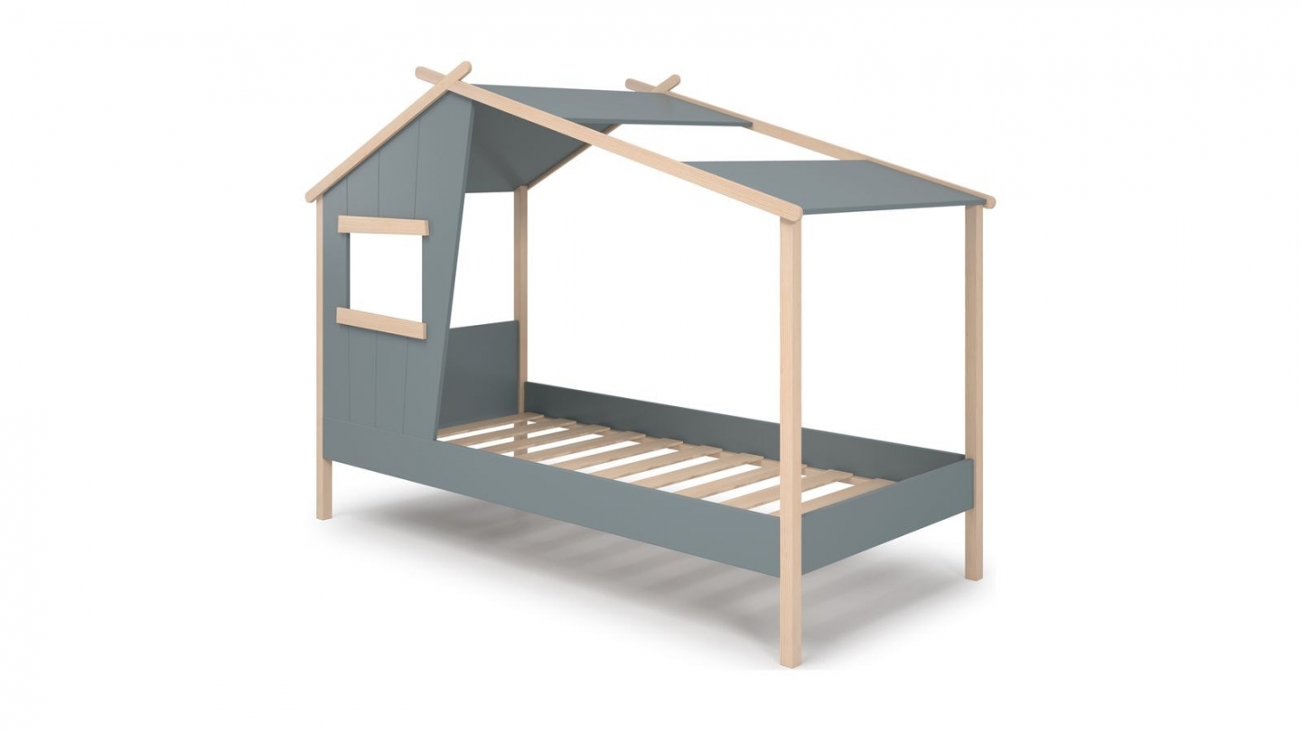 Lit cabane enfant 90x190 cm en bois vert kaki - Artus