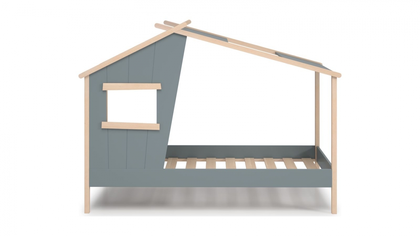 Lit cabane enfant 90x190 cm en bois vert kaki - Artus