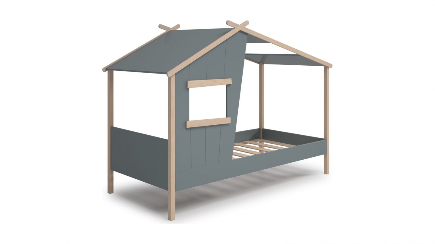Lit cabane enfant 90x190 cm en bois vert kaki - Artus
