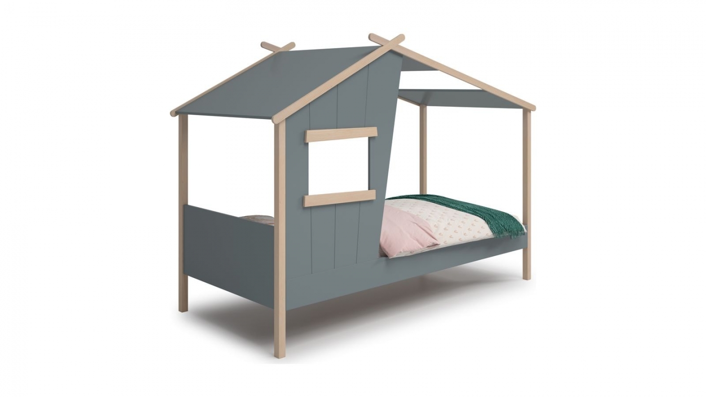 Lit cabane enfant 90x190 cm en bois vert kaki - Artus
