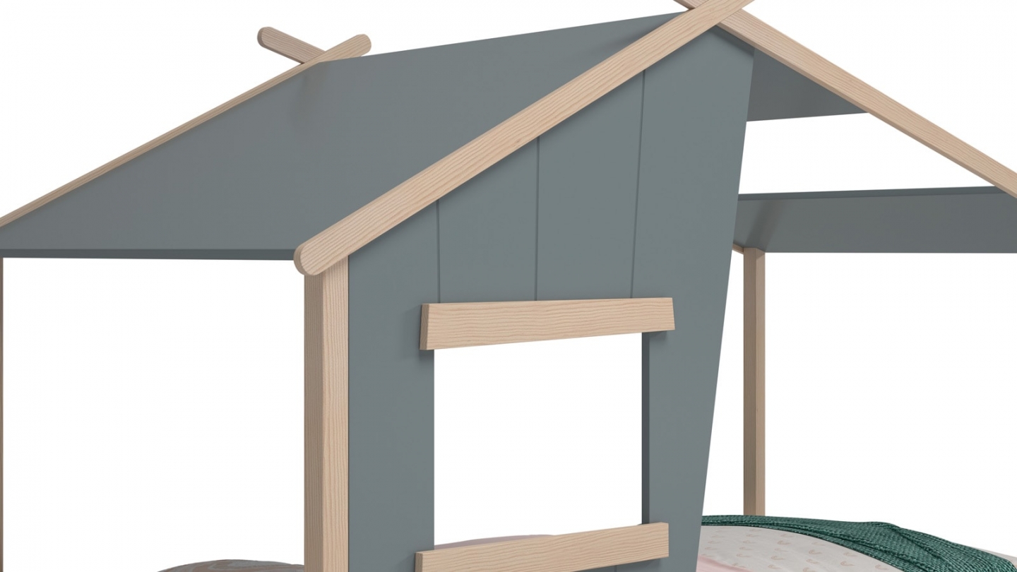 Lit cabane enfant 90x190 cm en bois vert kaki - Artus