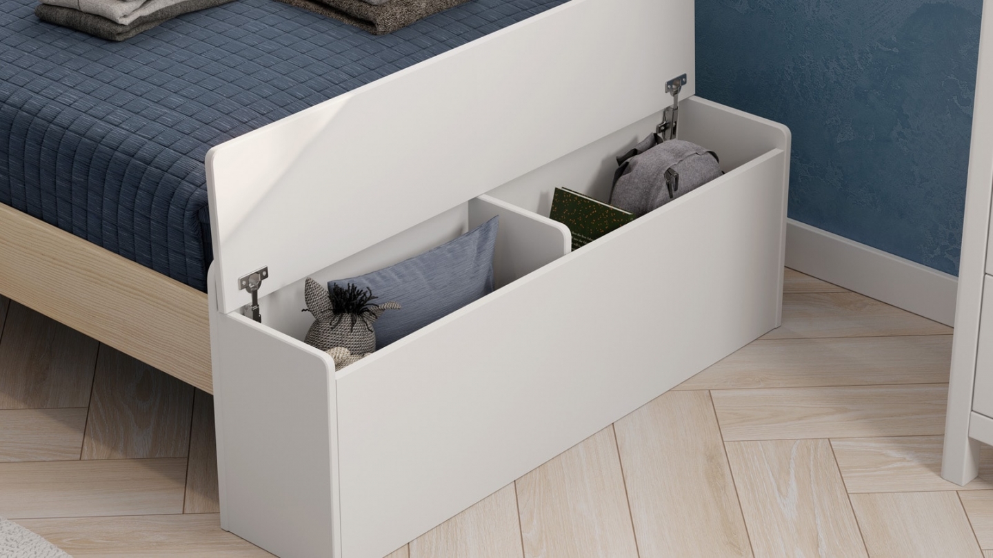 Lit enfant 90x190 cm en bois blanc avec tête de lit cabane et coffre de rangement - Anatole